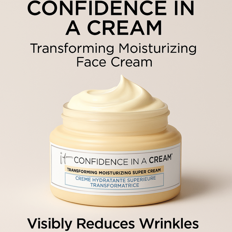 IT Cosmetics Confidence in a Cream Review product photo showing the hydrating anti-aging moisturizer jar with squalane and ceramides for 48-hour hydration and wrinkle reduction.