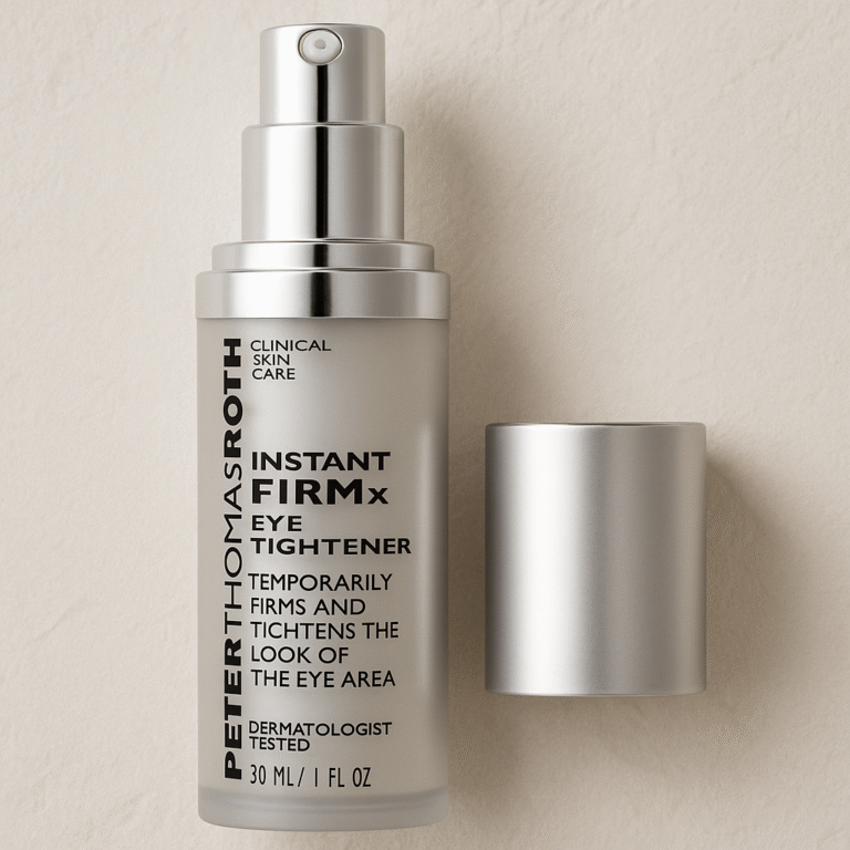 Peter Thomas Roth Instant FIRMx Eye Tightener Review Eye Tightener product photo close-up of 1 oz tube showing sleek silver packaging and key benefits.