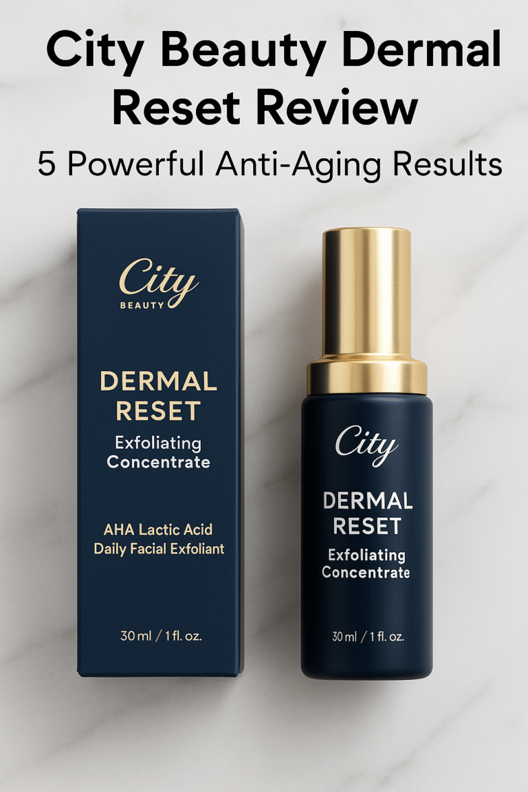 City Beauty Dermal Reset Review – close-up of the Exfoliating Concentrate bottle on a marble vanity with gold cap and elegant blue packaging.